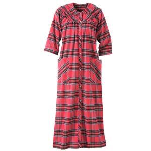 Vermont Country Store Red Portuguese Cotton Flannel Plaid Snap Front Robe Medium
